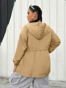 SHEIN EZwear 大码女式休闲纯色抽绳腰连帽夹克，秋季 - 卡其色 - 查看 5