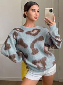 DAZY Relaxed Oversized Leopard Print Knit Sweater For Women