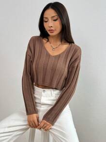 SHEIN Unity 女士休闲纯色罗纹宽松短款套头衫 - 咖啡棕 - 查看 5