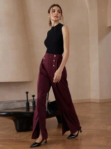 SHEIN Privé Quần ống rộng ống rộng có khóa kim loại cho nữ - Màu Đỏ Sâu - Xem 1