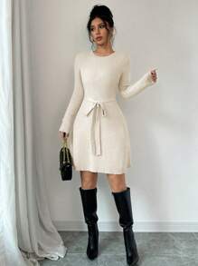 Chiquease 1pc Mid-Length A-Line Style Solid Color Fitted Sweater Dress