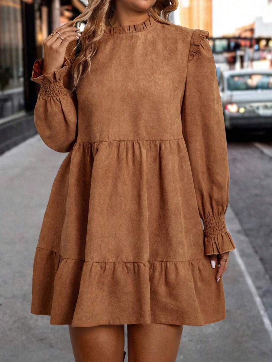 EMERY ROSE Plus Size Solid Color Ruffle Hem Frill Collar Long Sleeve Fall Dress - Brown - View 1