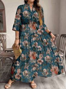 EMERY ROSE 休闲优雅复古花卉图案立领七分袖宽松大码连衣裙