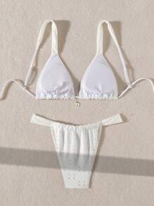 SHEIN Swim 2pcs Women Solid Color Specialty Fabric Spaghetti Strap Triangle Bikini Swimwear Set Summer
