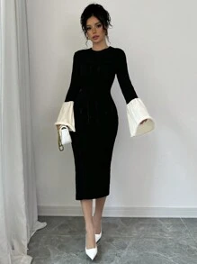 Elenzga 女式黑白拼色喇叭袖针织毛衣连衣裙，秋冬款 - 黑色 - 查看 6