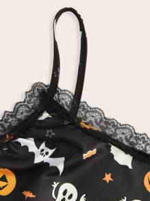 CovetEZ 大码万圣节印花休闲吊带背心和短裤套装 - 黑色 - 查看 3