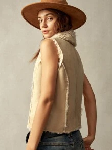 Bohemela 1pc Women Sleeveless Collared Fluffy Lining Fitted Vest Jacket, For Vacation - Camel - View 8