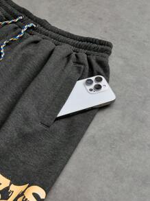 Manfinity Sport Corelite Boyfriend Style Men's Halloween Simple Letter Print Drawstring Sports Shorts, Casual Daily Wear Sweat Pants Black Shorts - Black - View 5