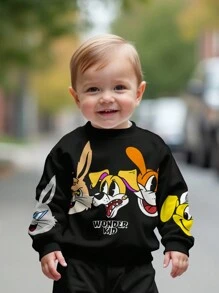 SHEIN 可爱兔子，男婴休闲简约卡通兔子图案宽松保暖内衬柔软圆领套头连帽衫运动衫，适合秋冬季 - 白色 - 查看 2