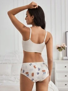 We Bare Bears X SHEIN Cartoon Print Comfortable Wireless Bra & Panty Set - Khaki - View 2