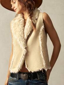 Bohemela 1pc Women Sleeveless Collared Fluffy Lining Fitted Vest Jacket, For Vacation - Camel - View 3