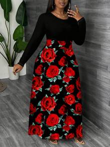 Slaydiva 休闲简约全印花玫瑰花卉大码连衣裙，适合秋冬季 - 彩色 - 查看 4