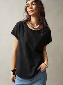 Bohemela 1 件女式纯色圆领休闲短袖 T 恤，适合度假穿着 - 黑色 - 查看 5