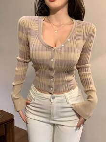 DAZY 女式拼色单排扣开衫毛衣，秋季透视装，秋季女装 - 卡其色 - 查看 4