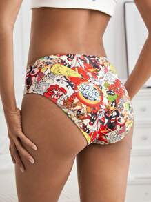 LOONEY TUNES X SHEIN 2 paquetes de bragas básicas y cómodas con estampado de dibujos animados en negro y rojo para mujeres