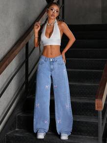 SHEIN ICON Simple Front Button Patch Pocket Bow Embroidery Washed Denim Jeans, Casual Everyday Wear