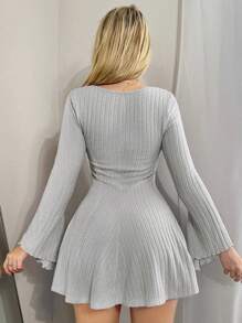 Sweetina Đầm dự tiệc tay loe cổ vuông màu trơn Y2K thu đông cho nữ dài tay, xuân thu - Xám - Xem 2