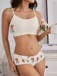 We Bare Bears X SHEIN Cartoon Print Comfortable Wireless Bra & Panty Set - Khaki - View 4