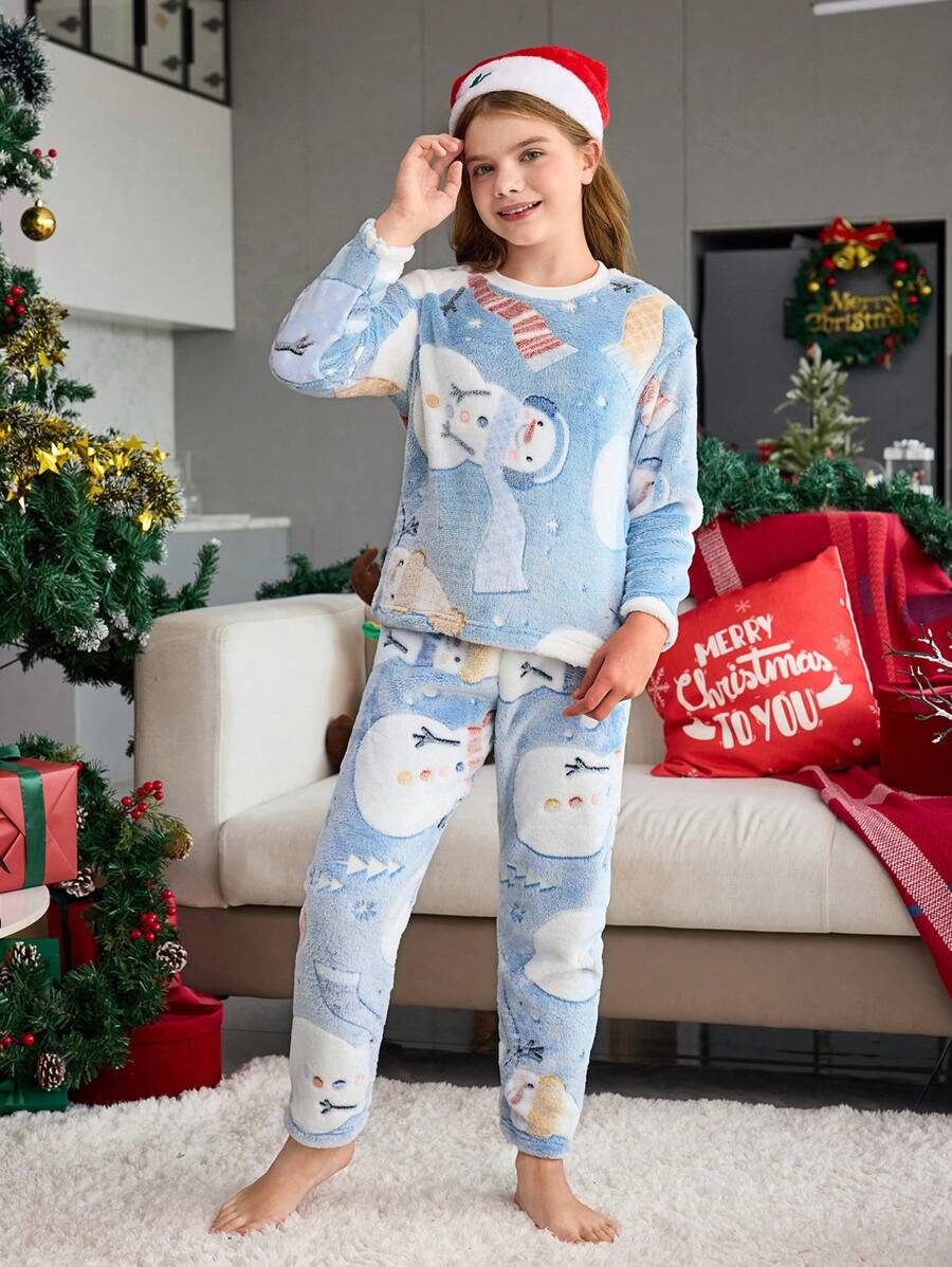 圣诞快乐女孩灰蓝色简约时尚圣诞老人印花全身图案长裤和长袖柔软保暖 2 件套睡衣套装,舒适家居服 - 灰色 - 查看 1