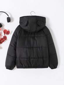 SHEIN Tween Girl Losse Casual Minimalistische Comfortabele Zwarte Gewatteerde Korte Gewatteerde Jas, Warme Voering Voor De Winter