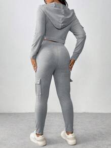 Calvaya 2pcs Plus Size Casual Solid Color Cropped Hoodie Top & Cargo Pants Set, Autumn - Grey - View 2
