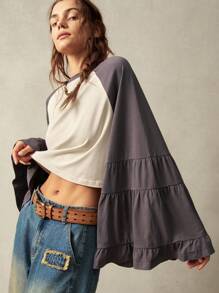 Bohemela Color Block Raglan Sleeve Loose Fit Crew Neck Women T-Shirt - Black and White - View 5