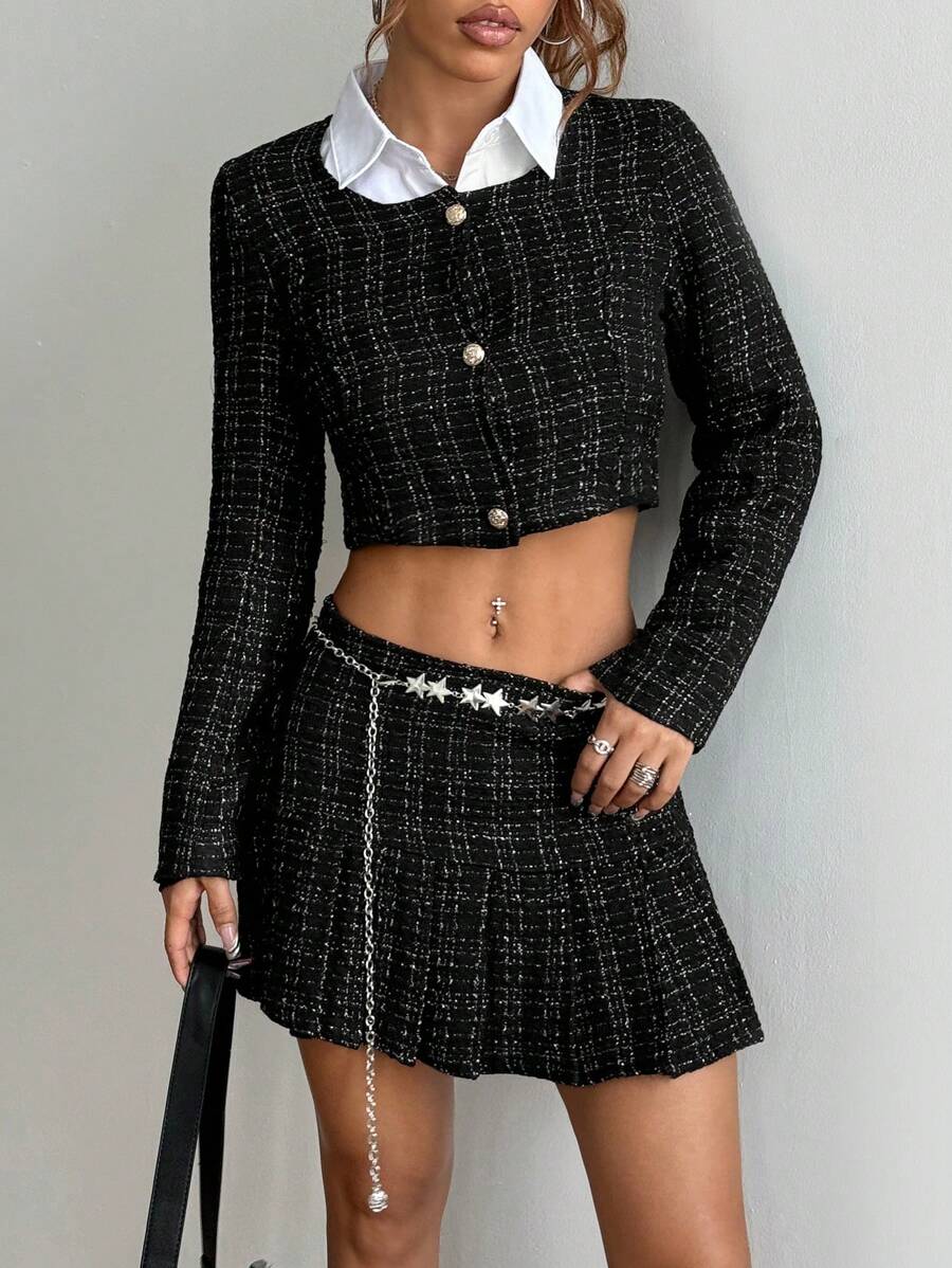 SHEIN Unity 2 件套女士春秋季格子单排扣长袖短款夹克和迷你裙套装 - 黑色 - 查看 1