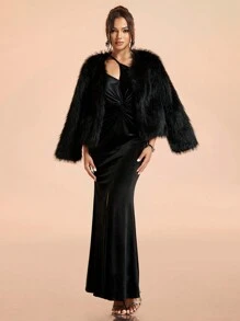 SHEIN Belle Vestido elegante de mujer de unicolor con cuello asimétrico, detalle de torsión, abertura alta en la falda de cola de pez, para fiesta, cóctel, cena formal y noche. Vestido negro con abertura alta a la altura del muslo, elegante y estilizado. Vestido de fiesta y ceremonia semi-formal, para cumpleaños, boda, graduación, regreso a casa - Negro - Ver 5