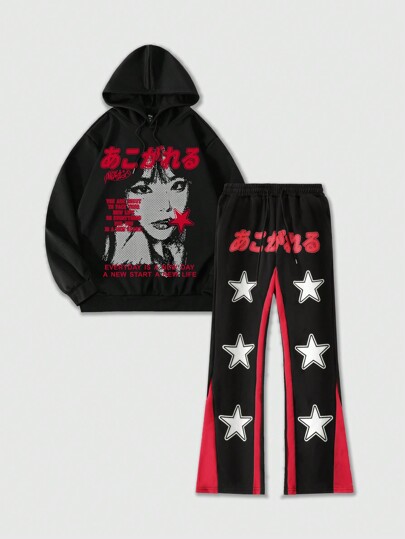 Street Life Men Casual Figure & Slogan Print Hoodie With Contrast Color Stitching Star Pattern Sweatpants Set, Autumn