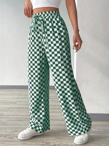 Plus Size Women Plaid Print Casual Loose Drawstring Wide Leg Pants - Dark Green - View 3