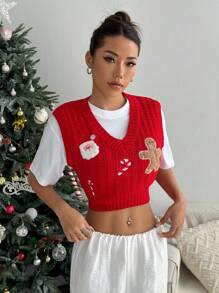 SHEIN Unity Christmas Gingerbread Man Graphic Pullover Vest For New Year Clothes - Red - View 5