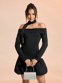 SHEIN Belle 女士露肩纯色荷叶边下摆晚礼服 - 黑色 - 查看 7