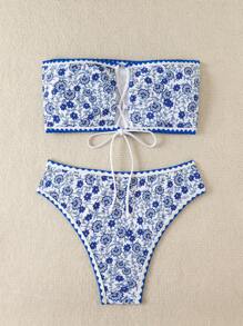 Swim Mod Summer Beach Floral Print Bandeau Bikini Set - Blue and White - View 2