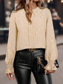 SHEIN LUNE 休闲日常全印花缺口领长袖衬衫，秋季 - 杏色 - 查看 4