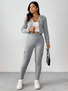 Calvaya 2pcs Plus Size Casual Solid Color Cropped Hoodie Top & Cargo Pants Set, Autumn - Grey - View 3