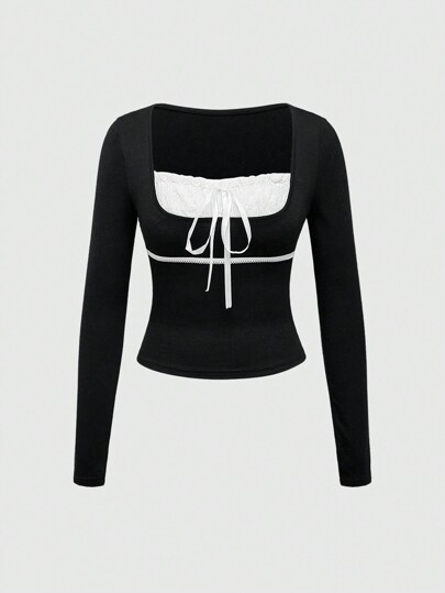 Kawaii Square Neck Lace Patchwork 2 In 1 Ballet Style Contrast Color Ruffle Sleeves Women Long Sleeve T-Shirt