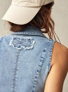 Bohemela Casual Solid Woven Denim Blue Reversible Collar Fitted Women Vest In Fall/Winter