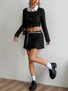Lunelith SHEIN Lunessa 2 piezas Conjunto de chaqueta de manga larga de solapa única a cuadros y minifalda para mujer, primavera y otoño