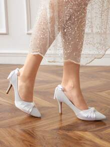 CUCCOO HITCHD Women's Pointy Toe Satin Ribbon & Bow Faux Pearl Decor White High Heel Pumps Fall - White - View 9