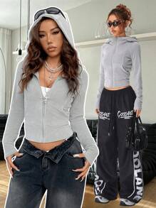 SHEIN EZwear Back To School Stretchy Zip Up Thermal Lined Jacket Hoodies Going Out - Grey - View 3
