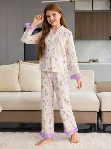 SHEIN 青少年女孩郁金香印花长袖上衣和长裤两件套家居服套装 - 紫色 - 查看 4