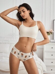 We Bare Bears X SHEIN Cartoon Print Comfortable Wireless Bra & Panty Set - Khaki - View 5