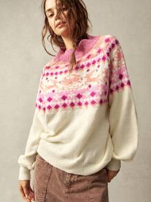 Bohemela Vacation Print Pattern Crew Neck Long Sleeve Women Sweater - White - View 7