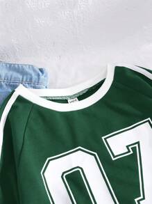 SHEIN Teen Girl Color Block Letter Print Knit Crop Casual Sweatshirt,In Fall/Winter - Green - View 4