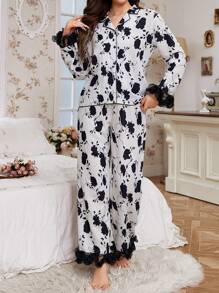 2 Pieces Women Elegant Floral Print Ruffle Hem Blouse And Pants Pajama Set, Comfortable For Autumn - Black - View 5
