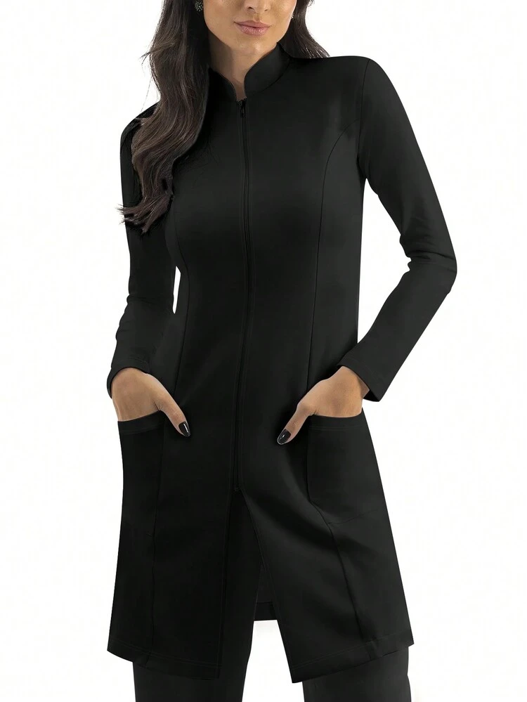 Zip Front Pocket Laboratory Coat Spring Black | SHEIN
