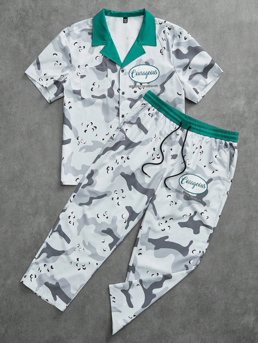 Manfinity EMRG Plus Size Men Casual Camouflage Print Short Sleeve Shirt And Pants 2pcs Set - Multicolor - View 1