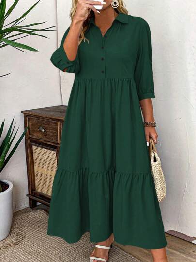 Weeklong Plus Size Women Solid Color Casual Half-Button Front Shirt Dress, For Thanksgiving Women Outfit BASICS