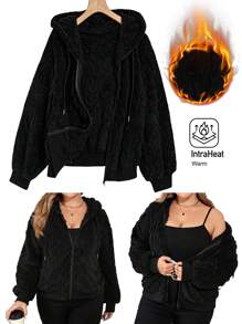 SHEIN LUNE 秋冬季加大码加厚双层抓绒连帽保暖外套 女款秋季几何图案双面连帽抓绒假日外套 - 黑色 - 查看 2