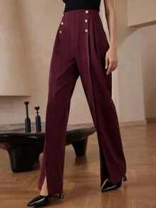 SHEIN Privé Quần ống rộng ống rộng có khóa kim loại cho nữ - Màu Đỏ Sâu - Xem 4